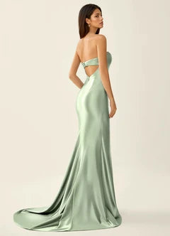 Sage Green Strapless Satin Backless High Slit Maxi Evening Dresses