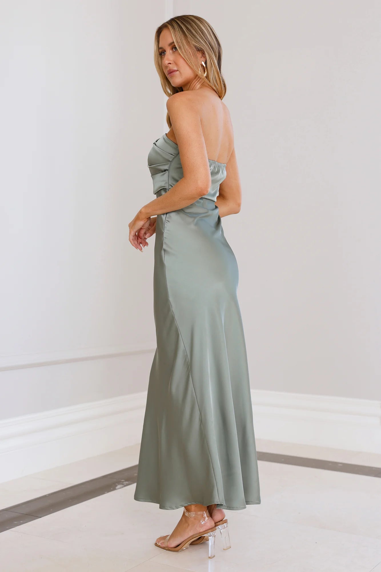 Sage Green Strapless Satin Cowl Neck Midi Evening Dresses