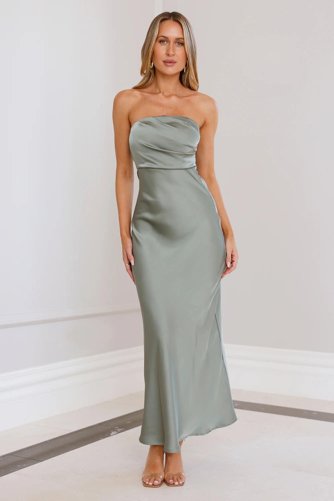 Sage Green Strapless Satin Cowl Neck Midi Evening Dresses