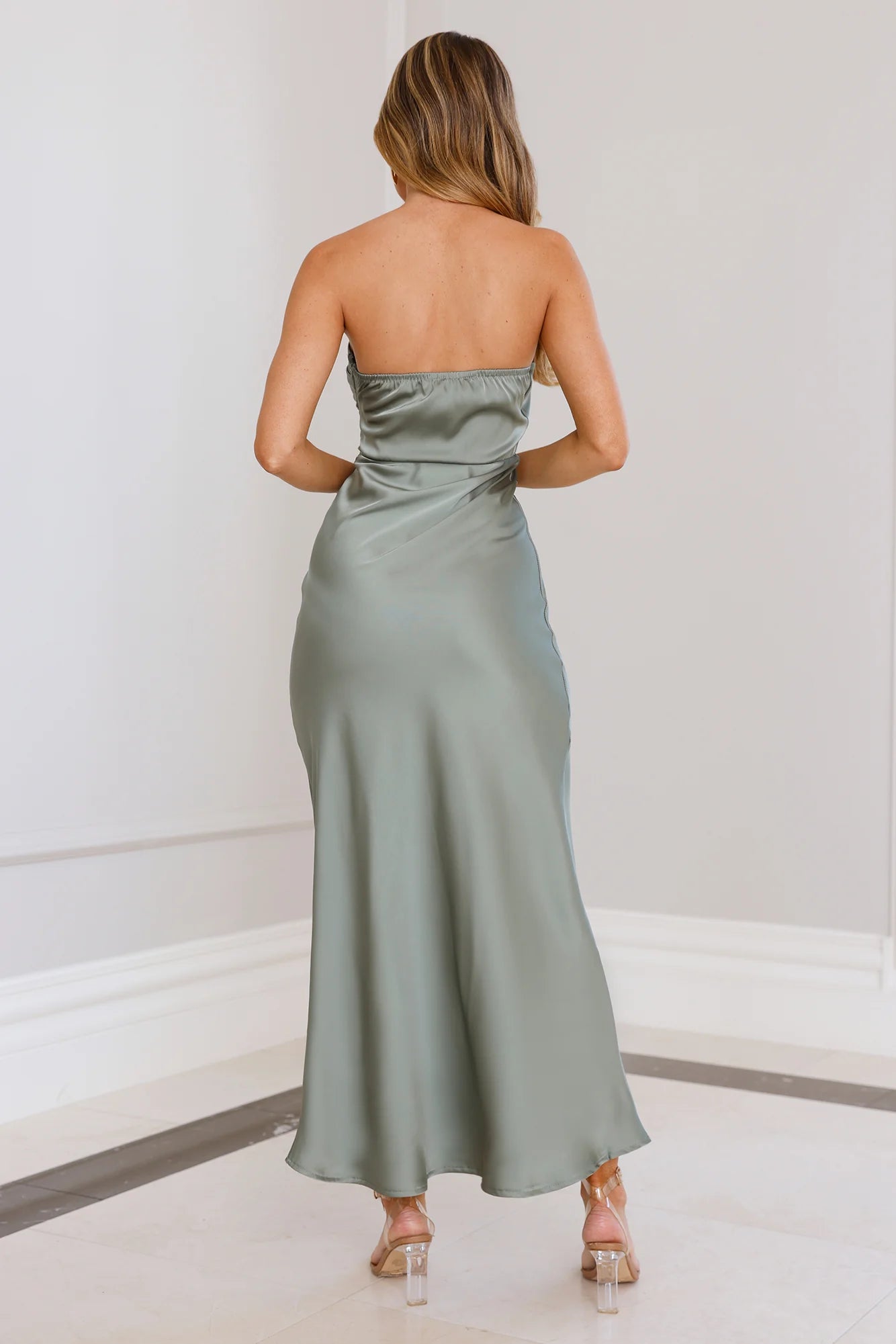 Sage Green Strapless Satin Cowl Neck Midi Evening Dresses