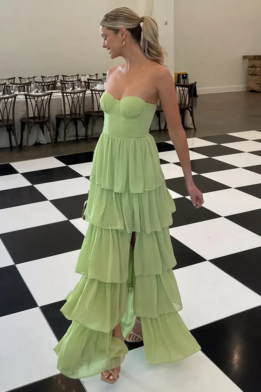Sage Green Strapless Tiered Ruffle Chiffon Prom Dress with High Slit