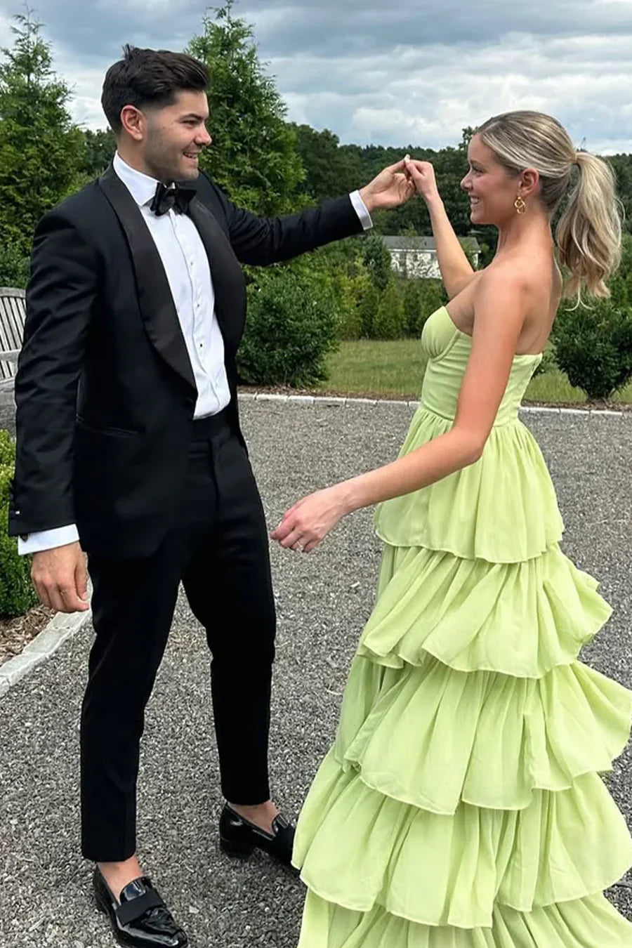Sage Green Strapless Tiered Ruffle Chiffon Prom Dress with High Slit