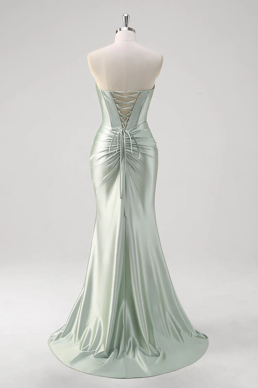 Sage Green Strapless Twist Bust Lace-Up Back Ruched High Slit Satin Mermaid Maxi Evening Dresses