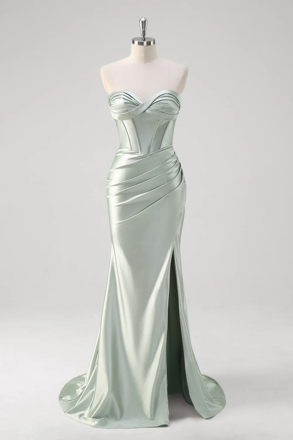 Sage Green Strapless Twist Bust Lace-Up Back Ruched High Slit Satin Mermaid Maxi Evening Dresses