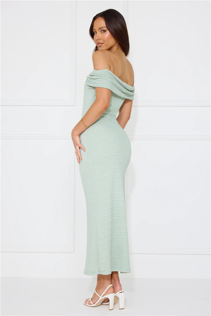 Sage Green Textured Off-Shoulder Twist Mermaid Maxi Evening Dresses