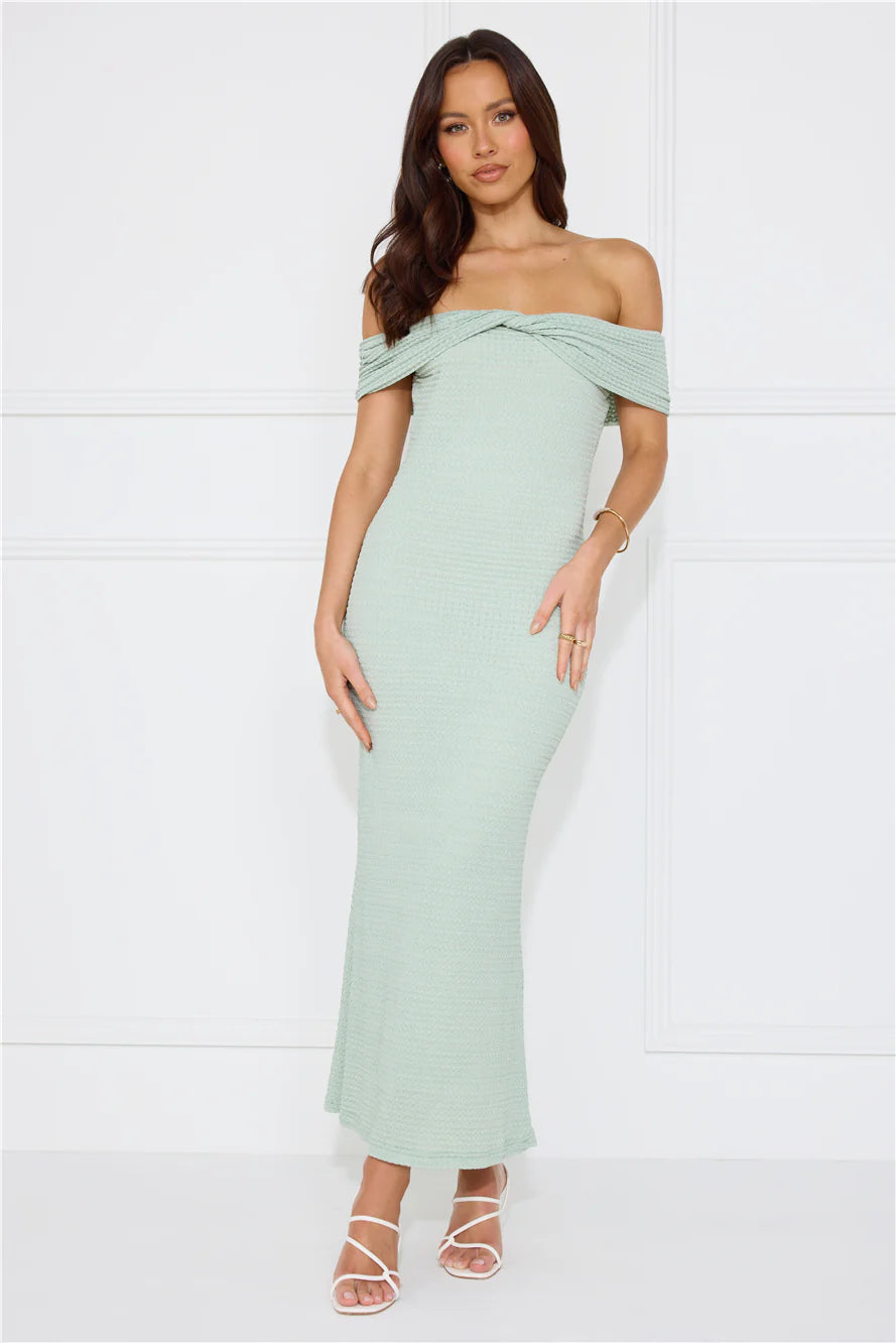 Sage Green Textured Off-Shoulder Twist Mermaid Maxi Evening Dresses