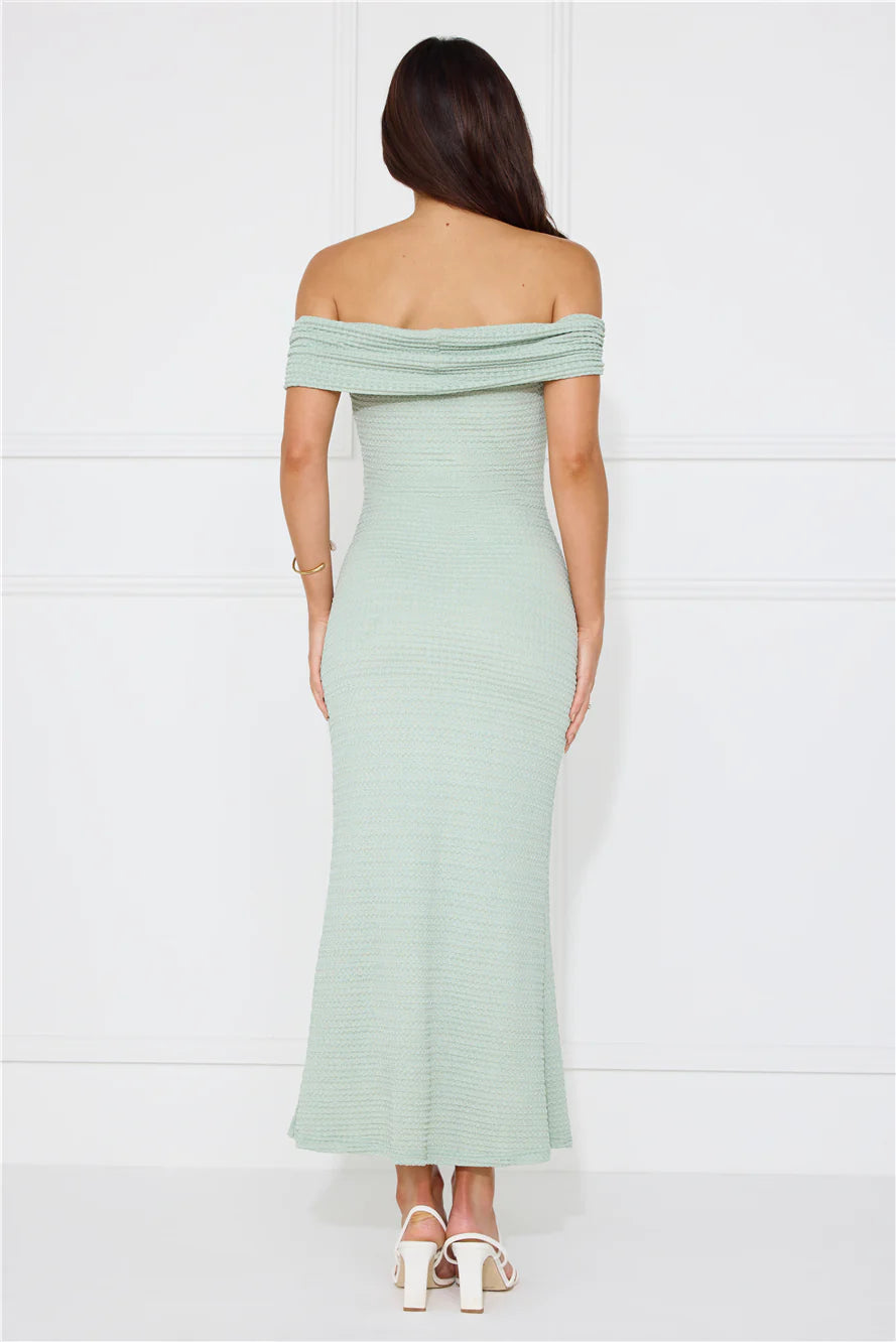Sage Green Textured Off-Shoulder Twist Mermaid Maxi Evening Dresses