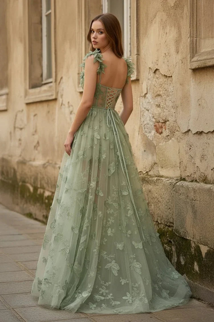 Sage Green Tulle Butterfly Applique Maxi with Lace-Up Back Prom Dress