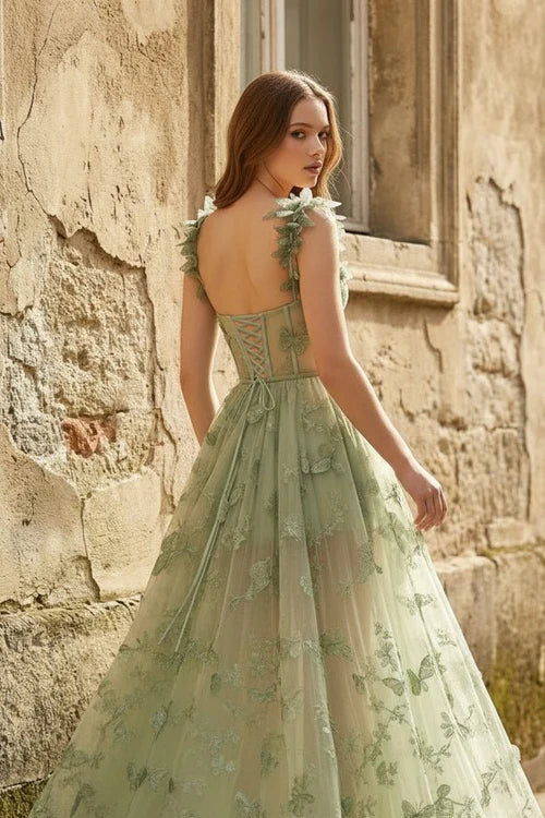 Sage Green Tulle Butterfly Applique Maxi with Lace-Up Back Prom Dress