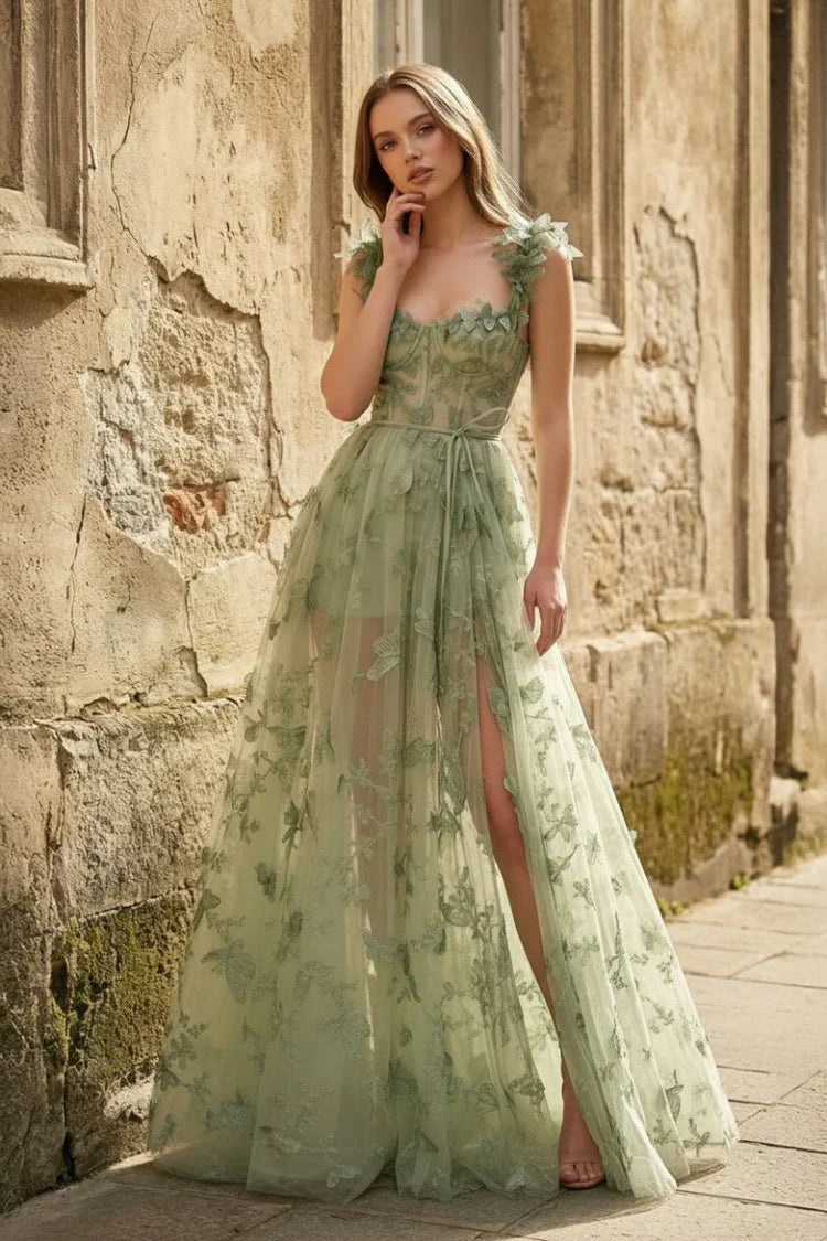 Sage Green Tulle Butterfly Applique Maxi with Lace-Up Back Prom Dress