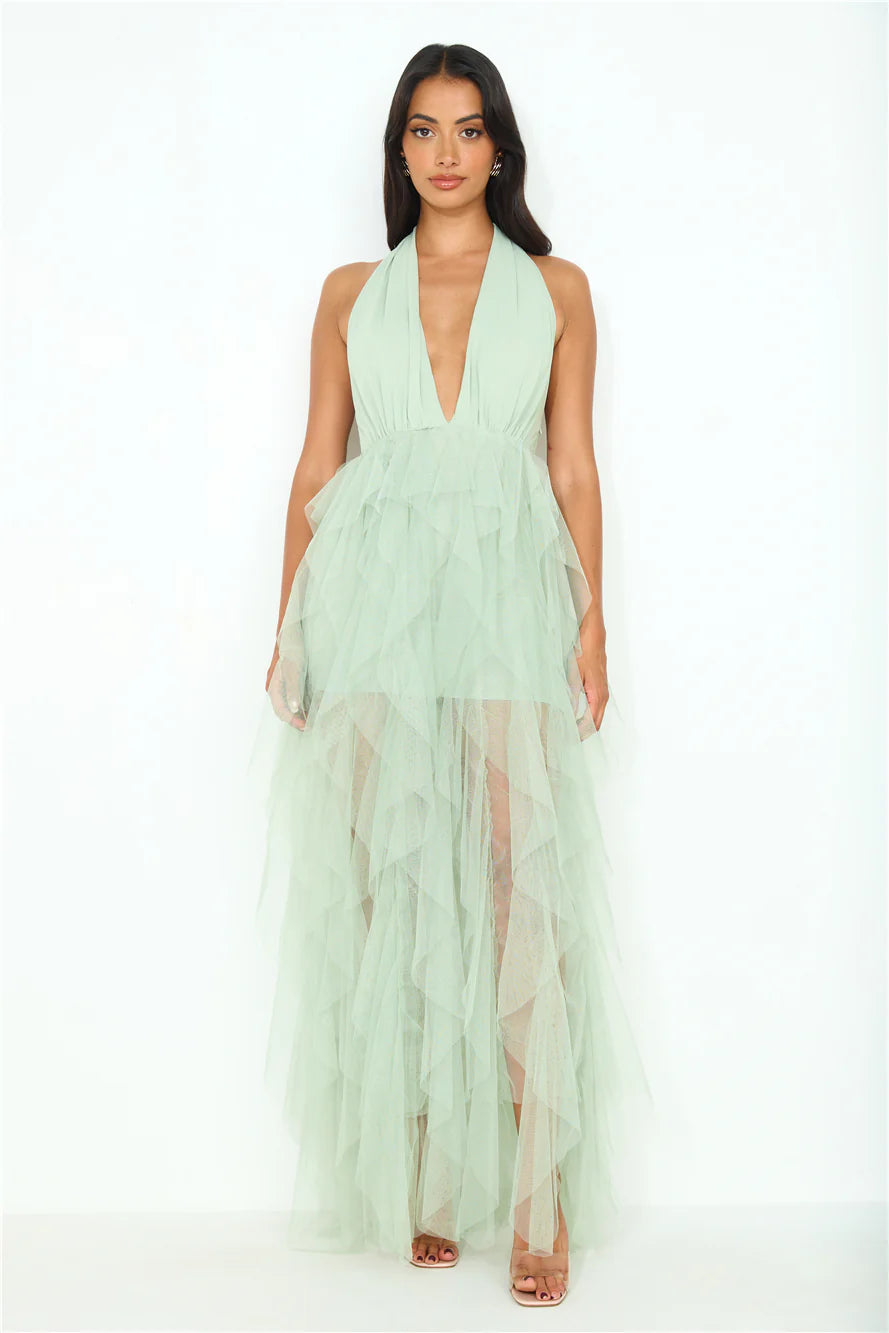 Sage Green Tulle Halter Neck Tiered Maxi Evening Dresses
