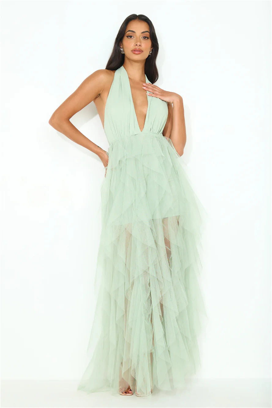 Sage Green Tulle Halter Neck Tiered Maxi Evening Dresses