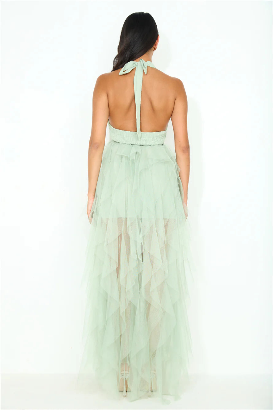 Sage Green Tulle Halter Neck Tiered Maxi Evening Dresses