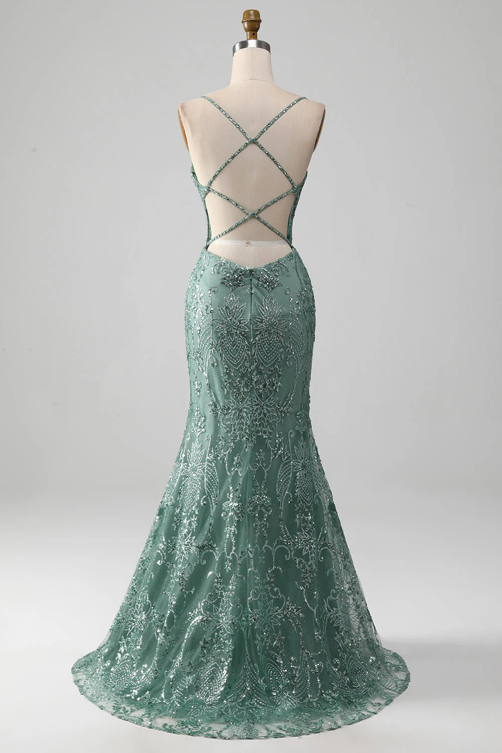 Sage Green Tulle Sequin Lace Appliqué Spaghetti Strap High Slit Mermaid Evening Dresses