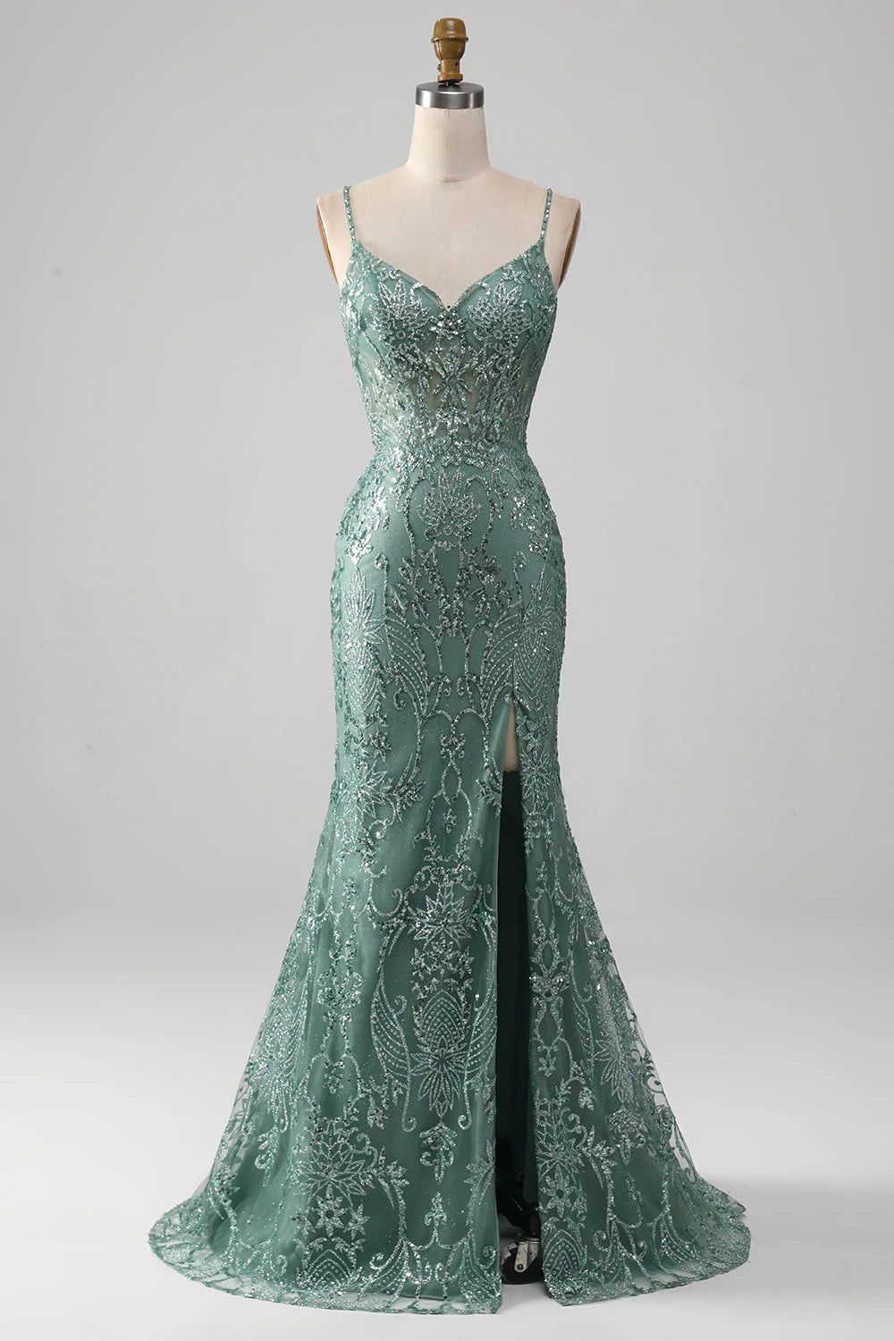 Sage Green Tulle Sequin Lace Appliqué Spaghetti Strap High Slit Mermaid Evening Dresses