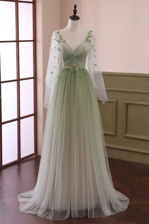 Sage Green Tulle V-Neck with Sheer Cape Sleeves & Lace-Up Back Prom Dress