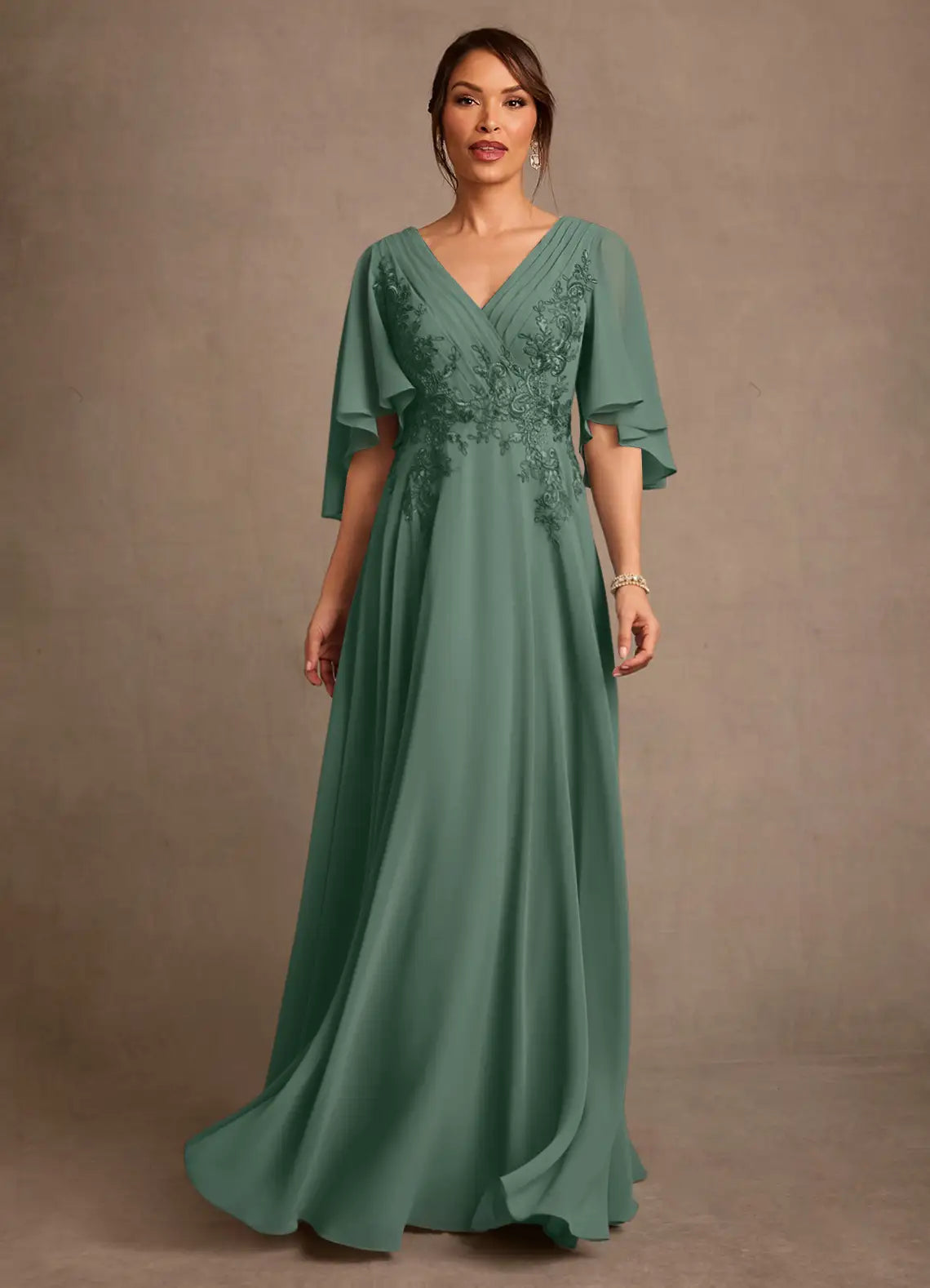 Sage Green V-Neck Flutter Sleeve Lace Applique Chiffon A-Line Maxi Evening Dresses