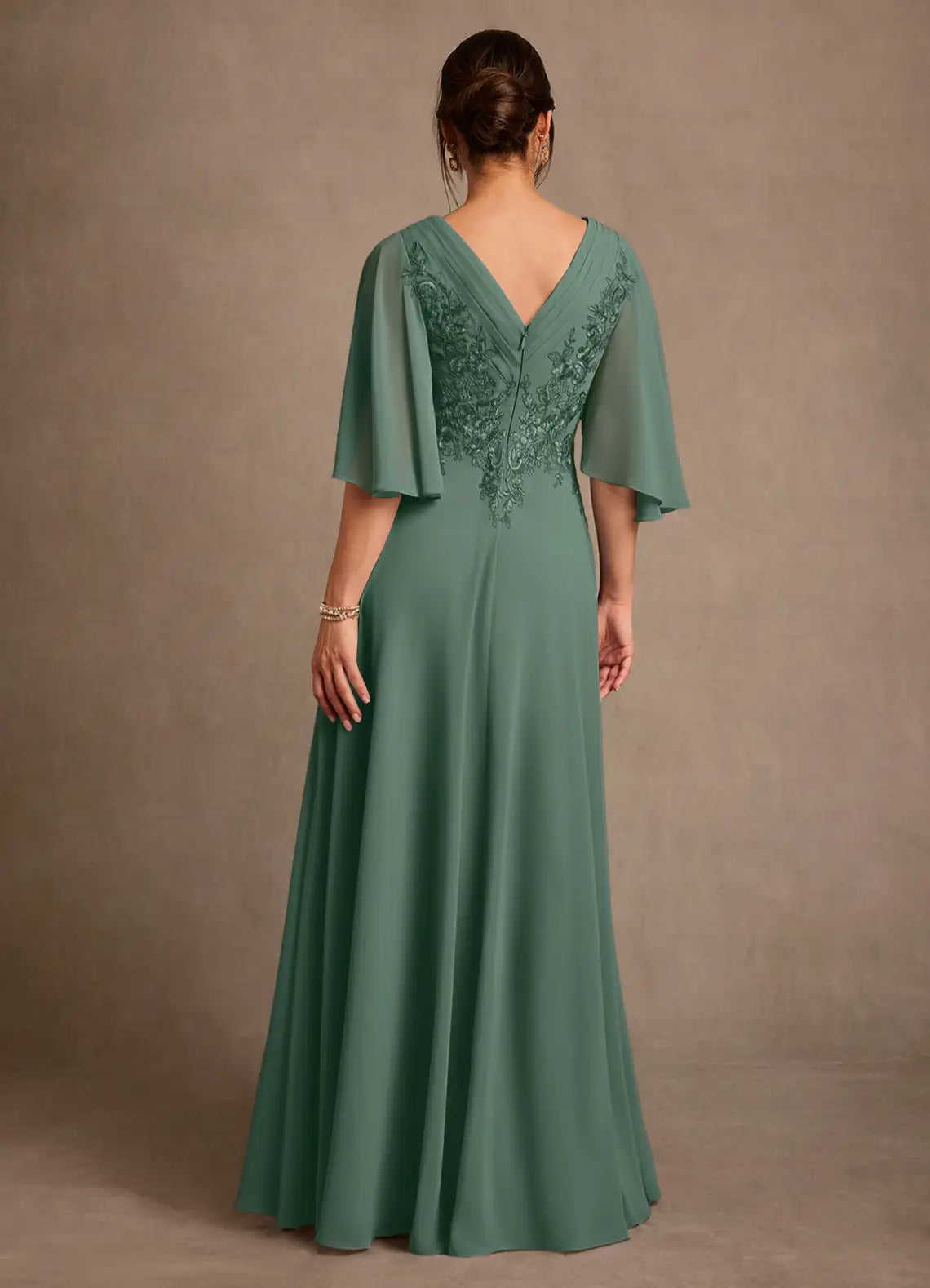 Sage Green V-Neck Flutter Sleeve Lace Applique Chiffon A-Line Maxi Evening Dresses