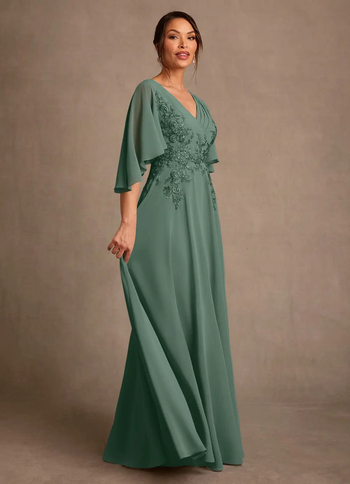Sage Green V-Neck Flutter Sleeve Lace Applique Chiffon A-Line Maxi Evening Dresses