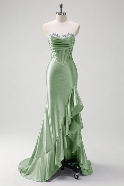 Sparkly Mermaid Strapless Corset Sequin Long Prom Dress with Ruffle Slit