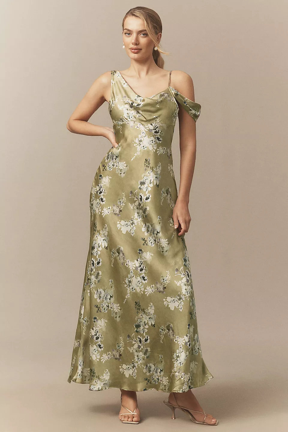 Satin Asymmetrical Strap Floral Print Maxi Evening Dress