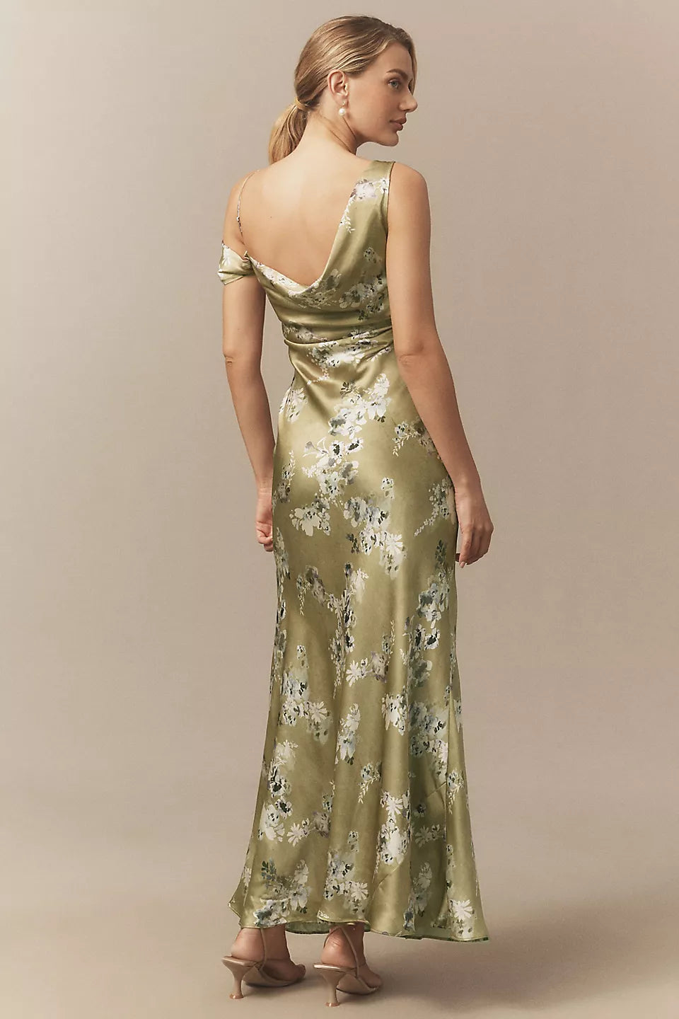 Satin Asymmetrical Strap Floral Print Maxi Evening Dress