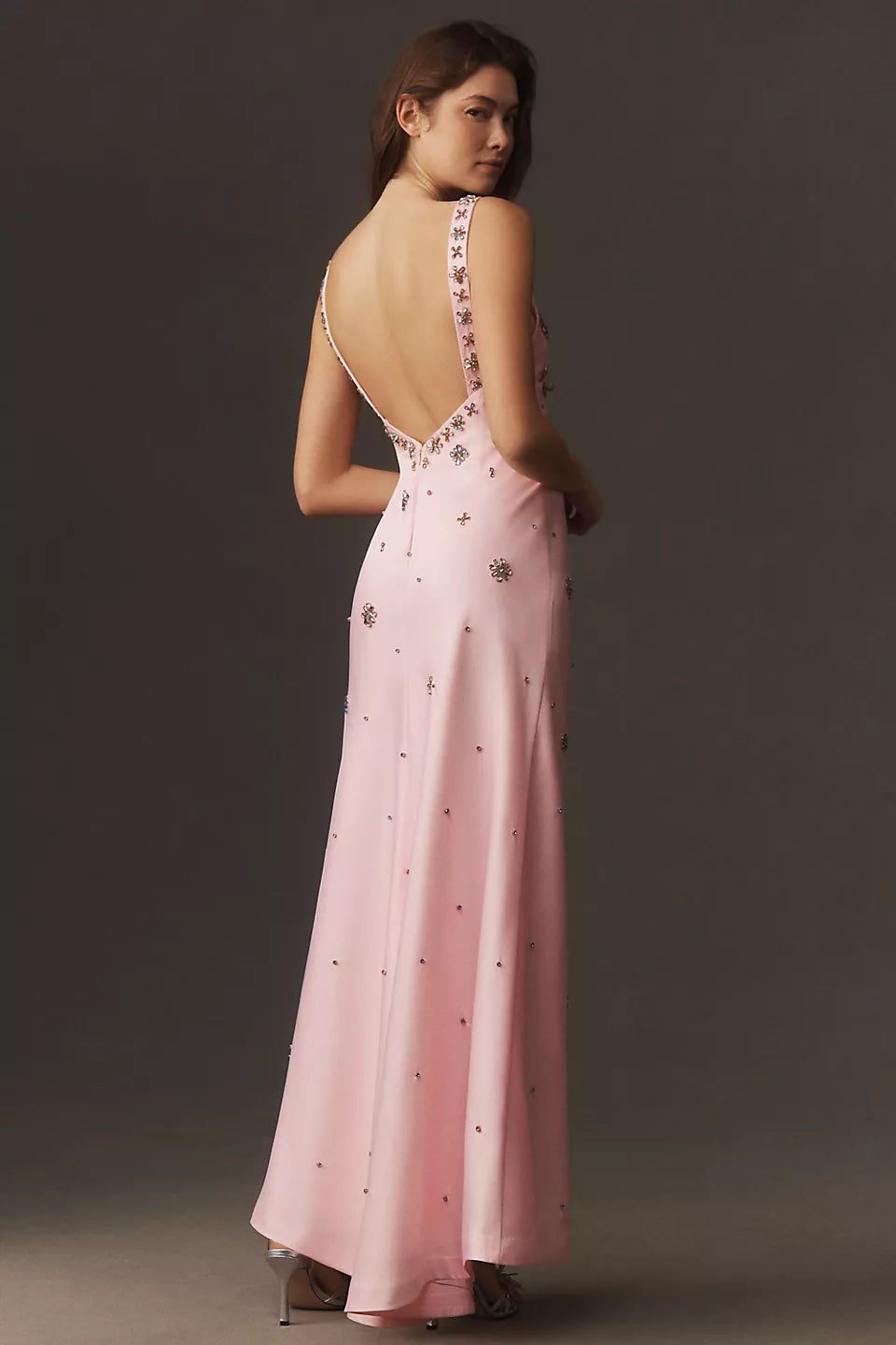 Satin Cowl Neck Beaded Maxi Evening Dress with Open Back