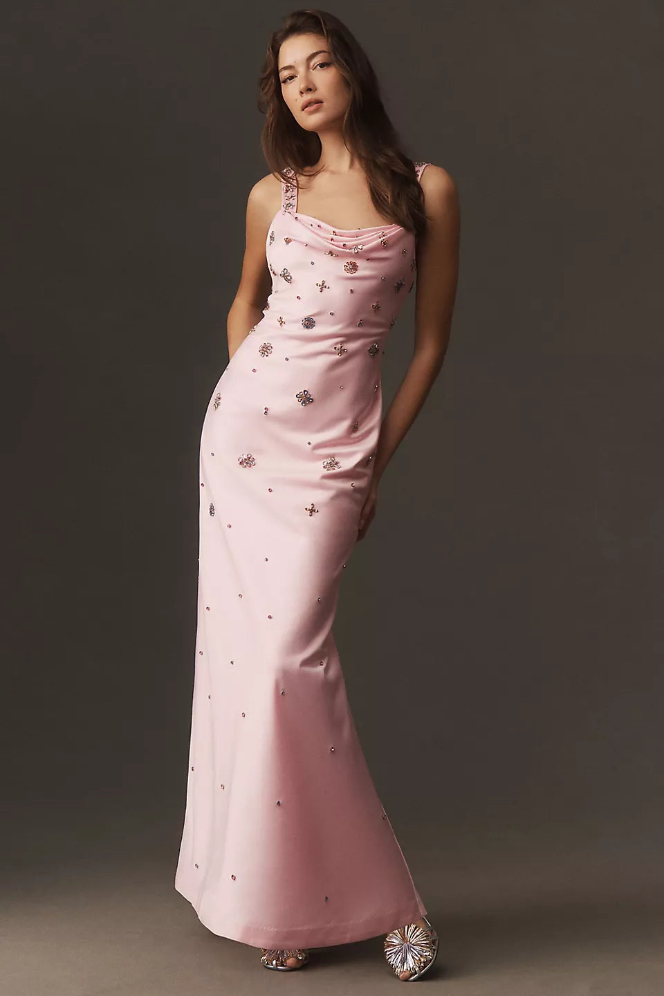 Satin Cowl Neck Beaded Maxi Evening Dress with Open Back