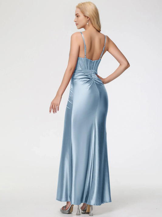 Satin Dusty Blue Square Neckline Spaghetti Straps Sleeveless Trumpet Mermaid Satin Prom Dresses