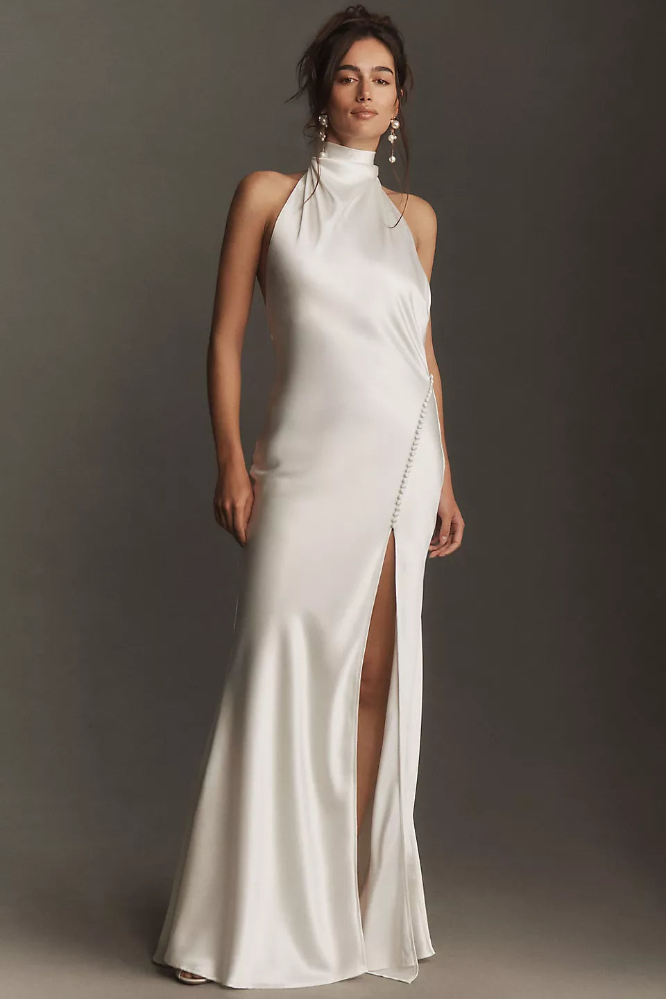 Satin Halter Neck Maxi Evening Dresses with Back Tie & Slit