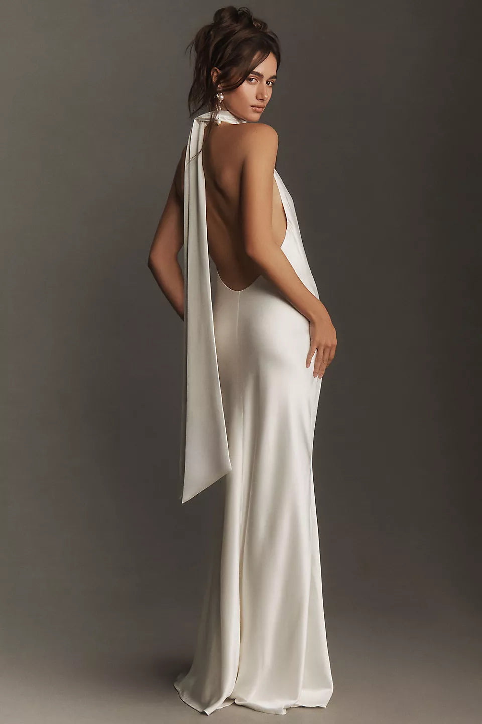 Satin Halter Neck Maxi Evening Dresses with Back Tie & Slit