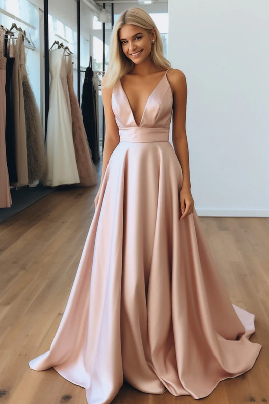 Satin Light Pink Deep V Ball Dress