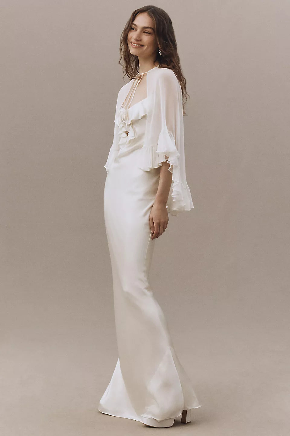 Satin Maxi Evening Dresses with Sheer Chiffon Capelet & Rosette Detail