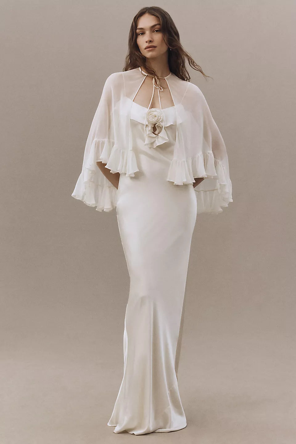 Satin Maxi Evening Dresses with Sheer Chiffon Capelet & Rosette Detail