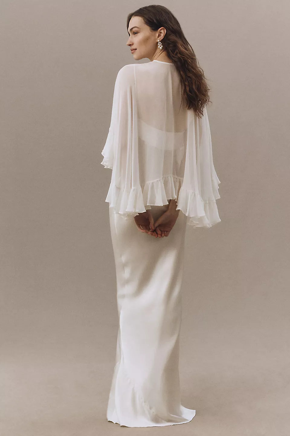 Satin Maxi Evening Dresses with Sheer Chiffon Capelet & Rosette Detail