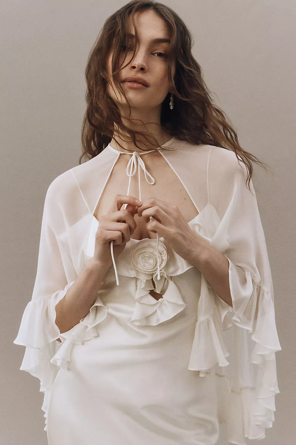 Satin Maxi Evening Dresses with Sheer Chiffon Capelet & Rosette Detail
