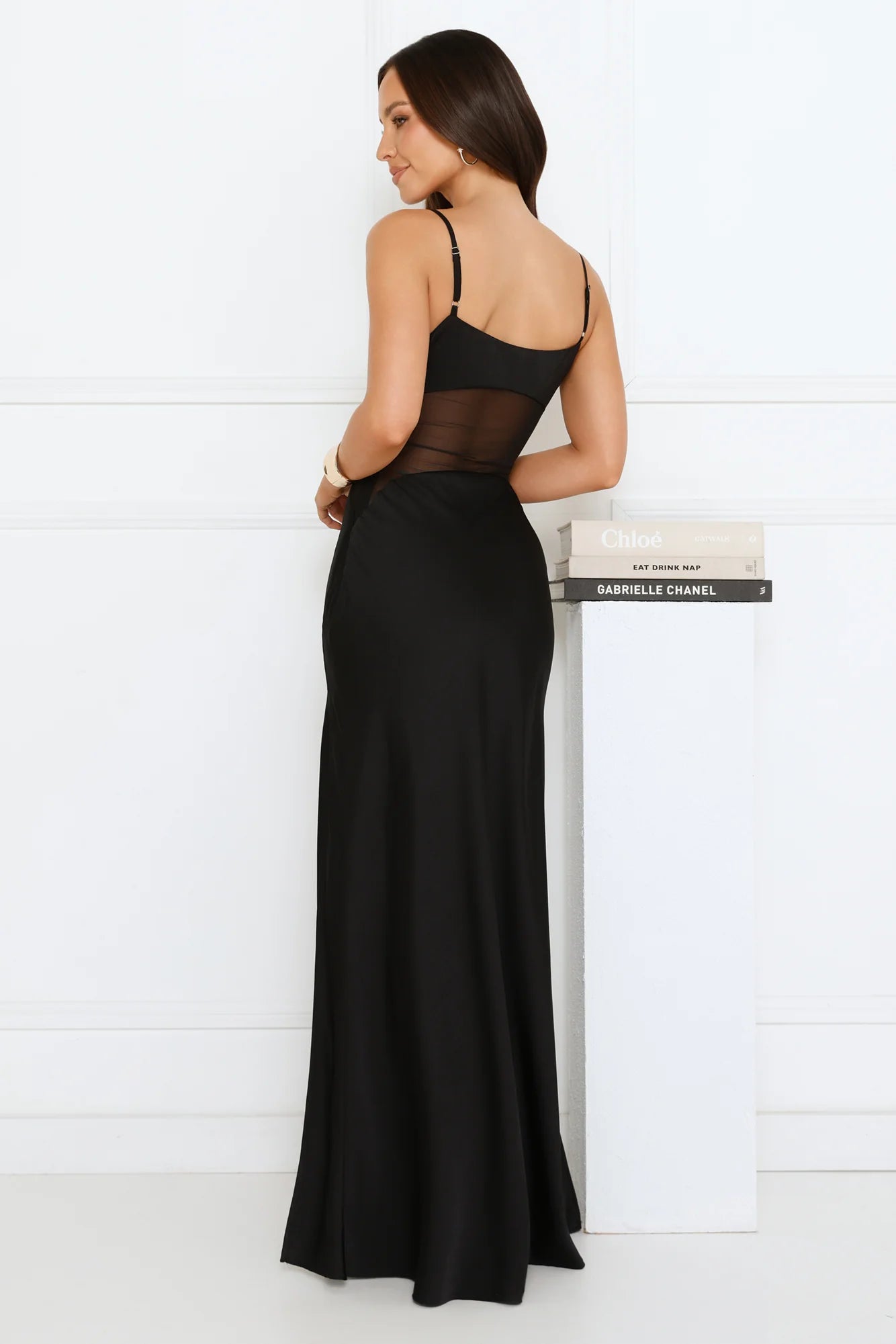 Satin Spaghetti Strap Mesh Cutout Maxi Evening Dress with Side Slit