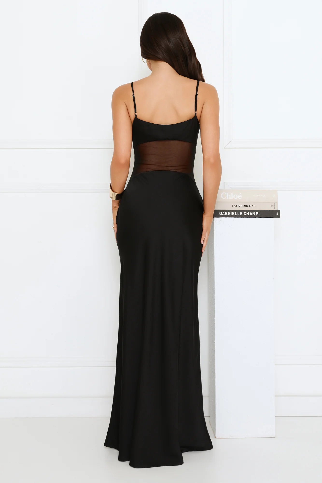 Satin Spaghetti Strap Mesh Cutout Maxi Evening Dress with Side Slit