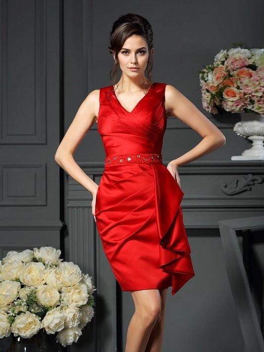Satin V-neck sleeveless knee length pleated bridal gown