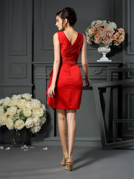 Satin V-neck sleeveless knee length pleated bridal gown