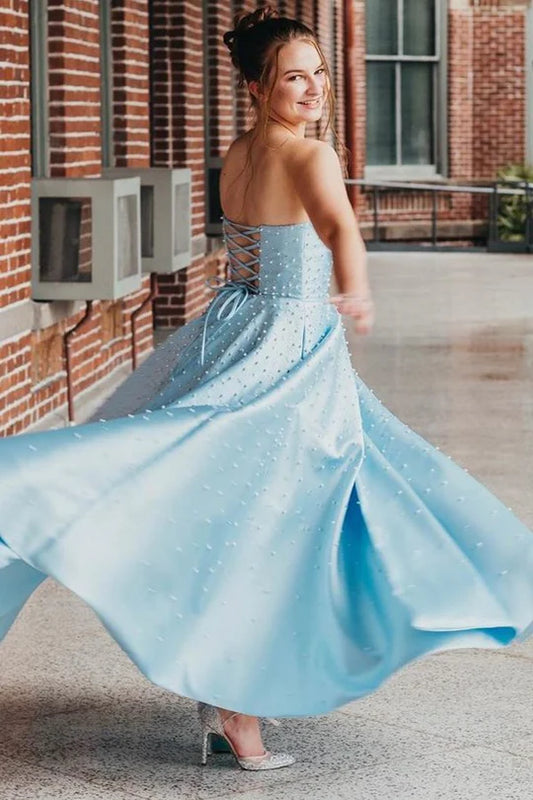 Satin bead strapless A-line ball gown