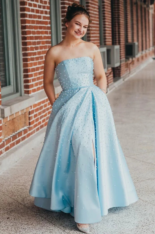 Satin bead strapless A-line ball gown