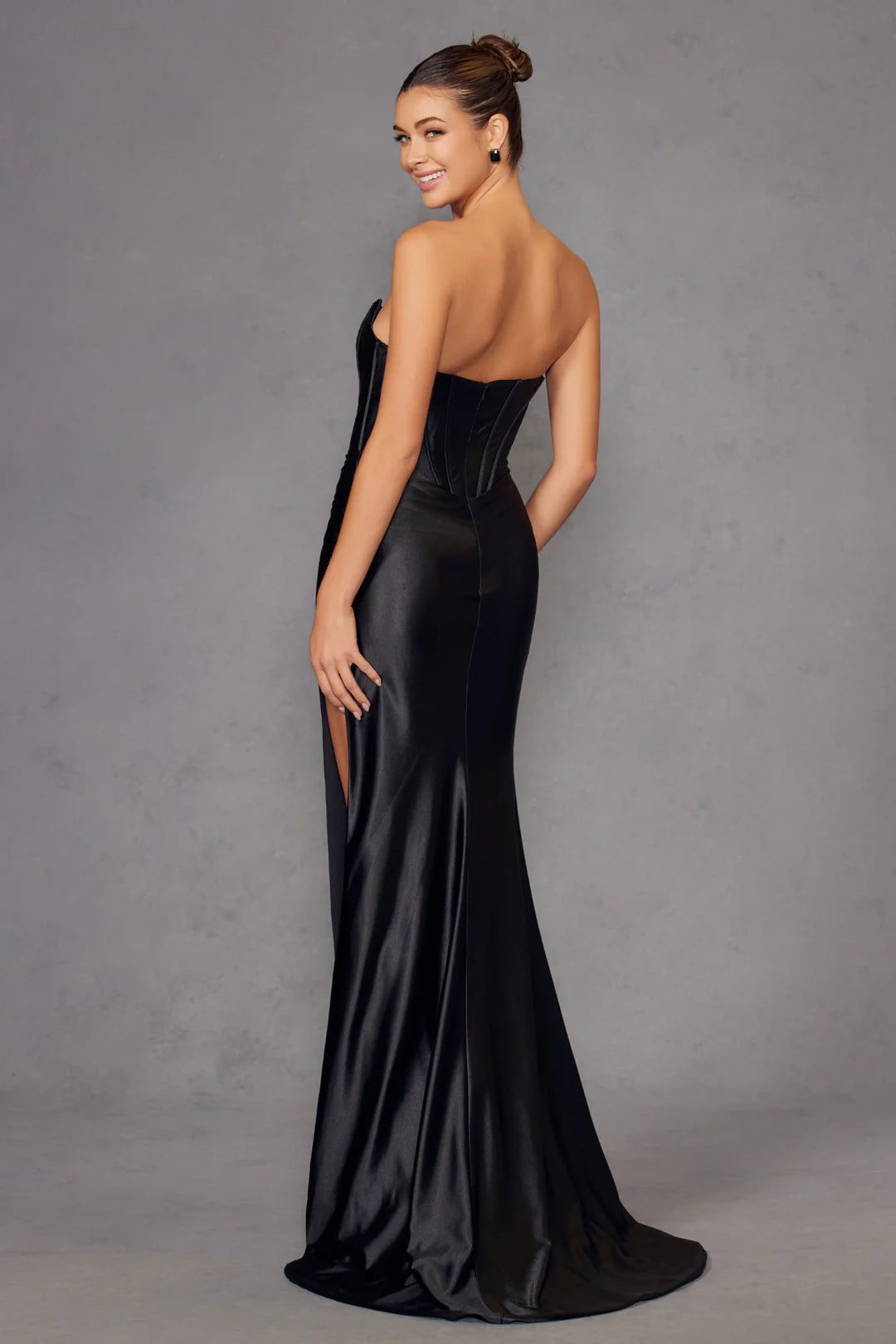 Satin strapless tight corset dress with side slit
