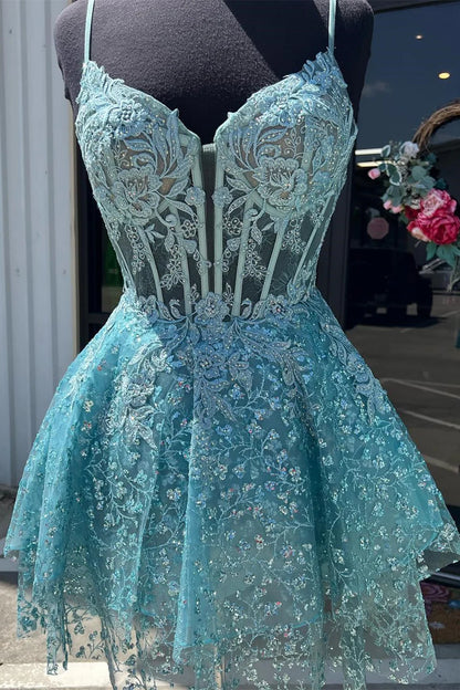 Sea Glass Tulle Lace Multi-Layer Short Gown with Spaghetti Straps