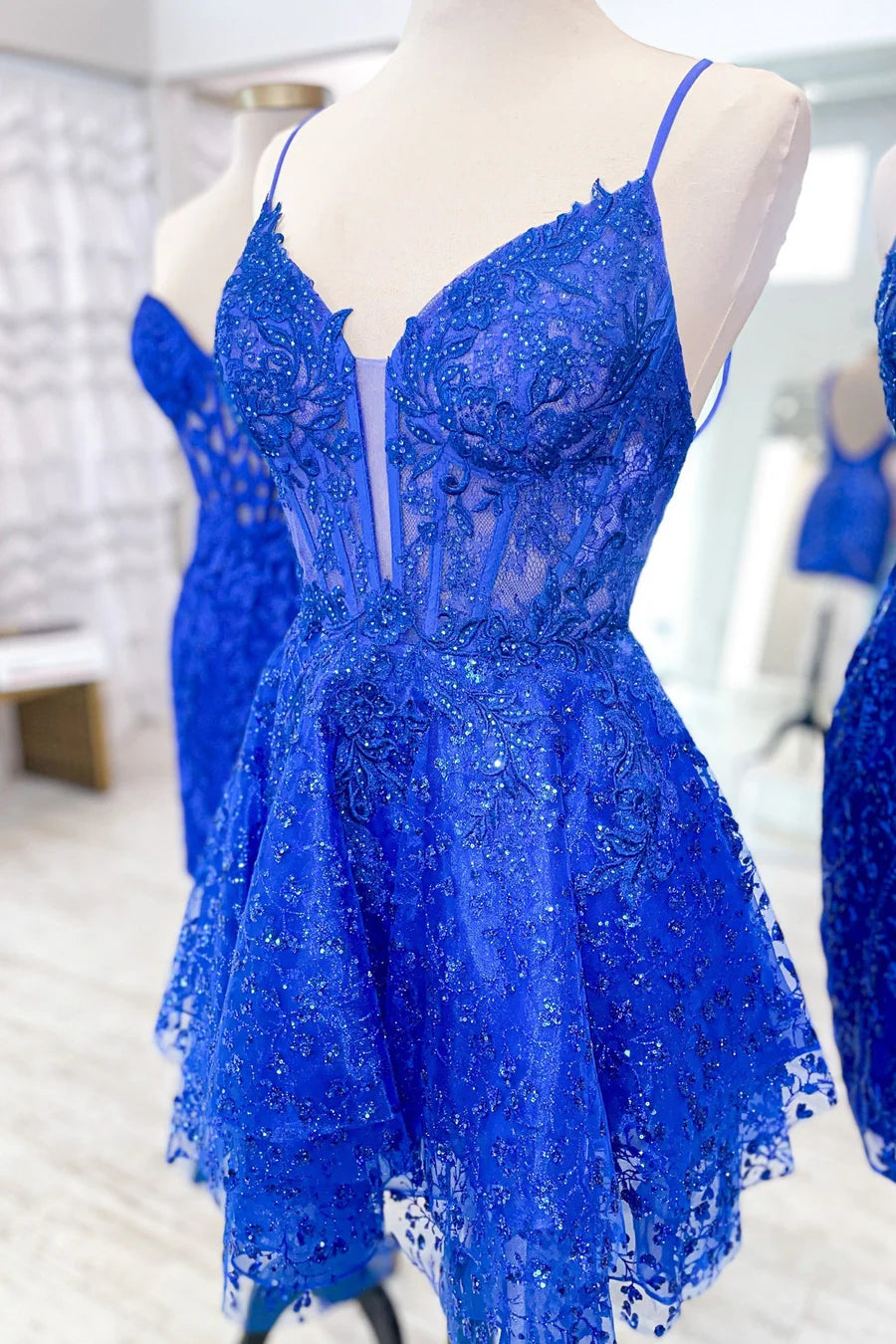 Sea Glass Tulle Lace Multi-Layer Short Gown with Spaghetti Straps