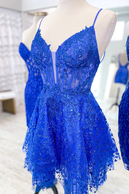 Sea Glass Tulle Lace Multi-Layer Short Gown with Spaghetti Straps