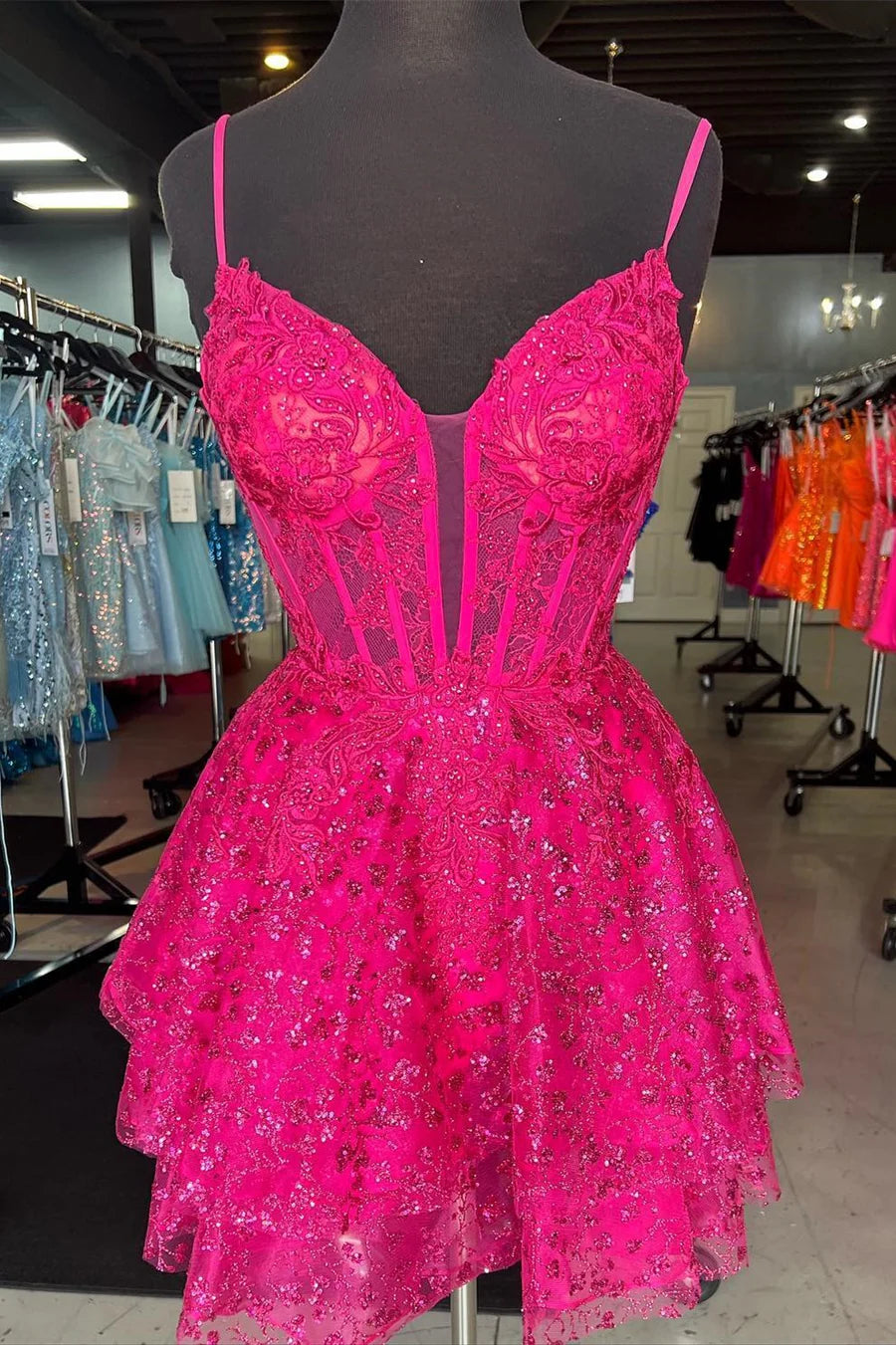 Sea Glass Tulle Lace Multi-Layer Short Gown with Spaghetti Straps
