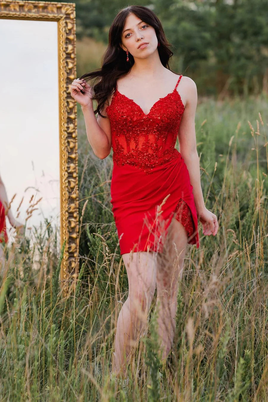 Sequin Lace Bustier Short Cocktail Dress with Slit