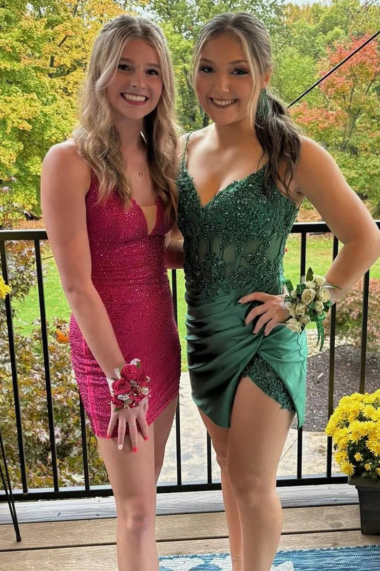 Sequin Lace Bustier Short Cocktail Dress with Slit
