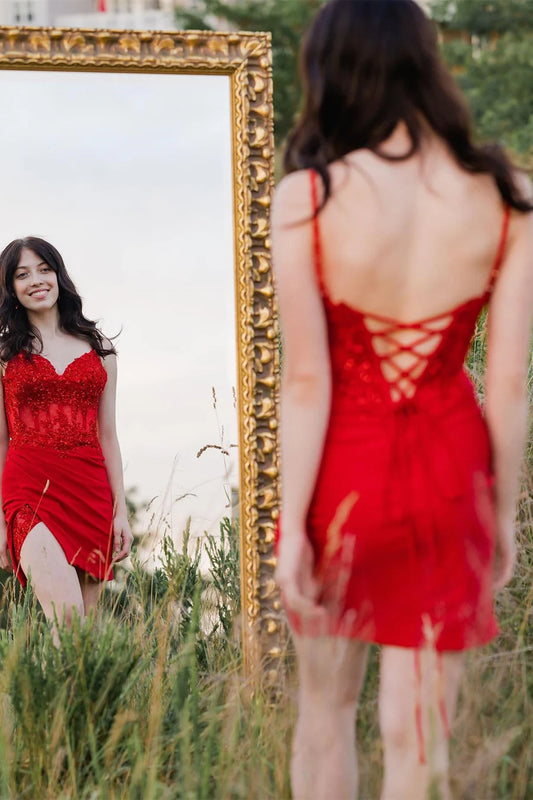 Sequin Lace Bustier Short Cocktail Dress with Slit
